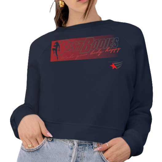 A woman wearing a navy blue cropped fleece pullover with 'FITNESS BODIES' text and a red Gymstar logo on the front.
