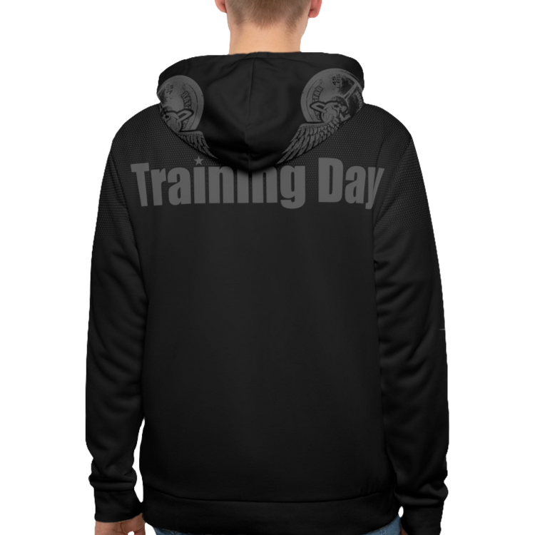 A man wearings black Gymsatr, fitness hoodie with a graphic text Training Day and a logo. Rear view.