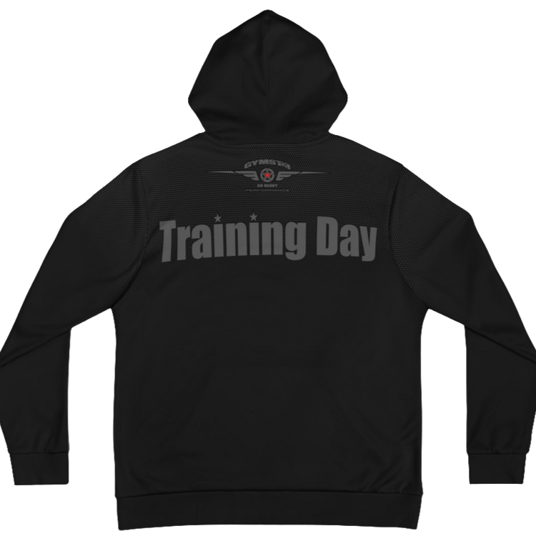 A black Gymsatr, fitness hoodie with a graphic text Training Day and a logo ,and the hoodie has a full zip closure. Rear view.
