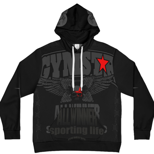 A black hoodie with 'GYMSRTA' and related graphics printed on the front, including a star and the text 'ALL WINNERS'. He has a casual and confident expression.