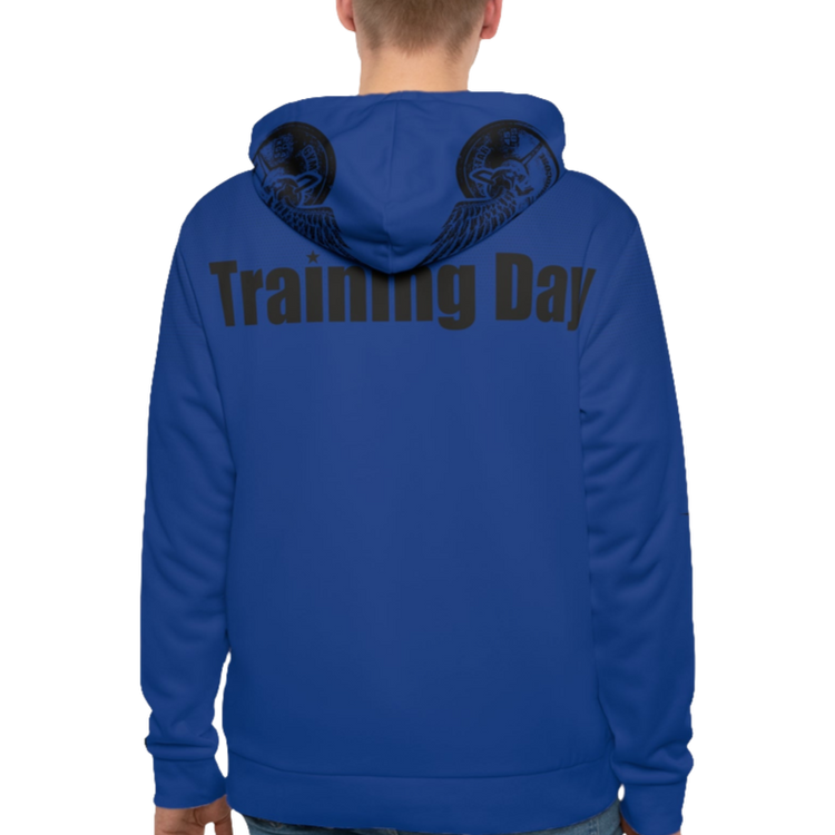 A man wearings blue Gymsatr, fitness hoodie with a graphic text Training Day and a logo. Rear view.