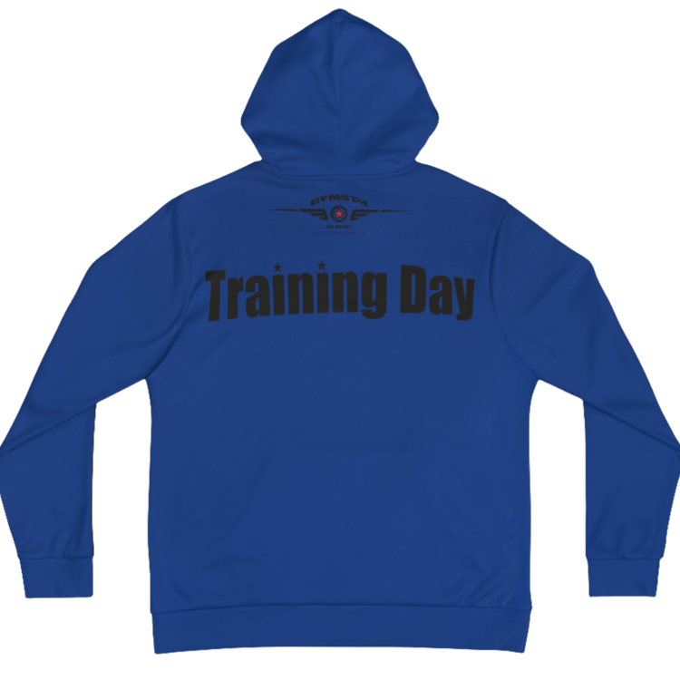 A blue Gymsatr, fitness hoodie with a graphic text Training Day and a logo. Rear view.