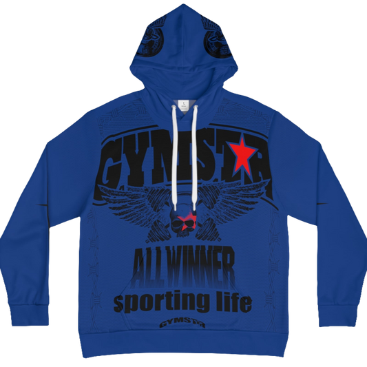 A blue hoodie with 'GYMSRTA' and related graphics printed on the front, including a star and the text 'ALL WINNERS'. He has a casual and confident expression front view.