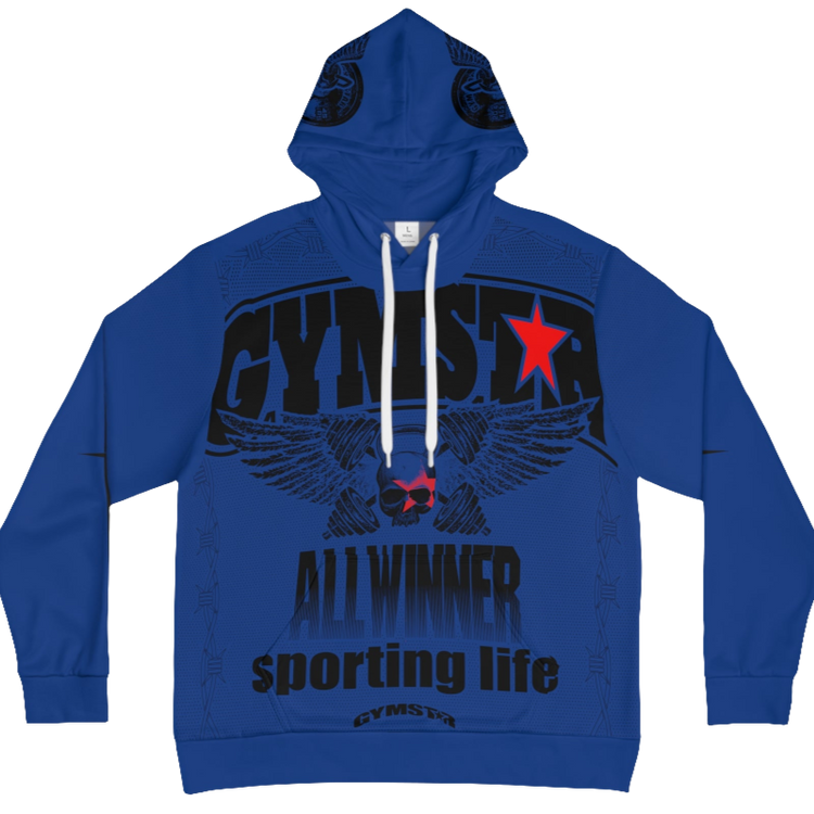 A blue hoodie with 'GYMSRTA' and related graphics printed on the front, including a star and the text 'ALL WINNERS'. He has a casual and confident expression front view.