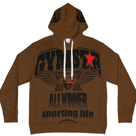 A brown hoodie with 'GYMSRTA' and related graphics printed on the front, including a star and the text 'ALL WINNERS'. He has a casual and confident expression.