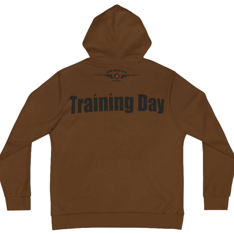 A brown Gymsatr, fitness hoodie with a graphic text Training Day and a logo ,and the hoodie has a full zip closure. Rear view.