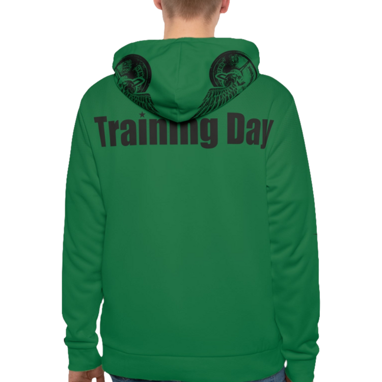 A man wearings green Gymsatr, fitness hoodie with a graphic text Training Day and a logo. Rear view.