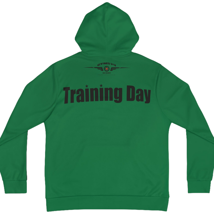 A green Gymsatr, fitness hoodie with a graphic text Training Day and a logo. Rear view.