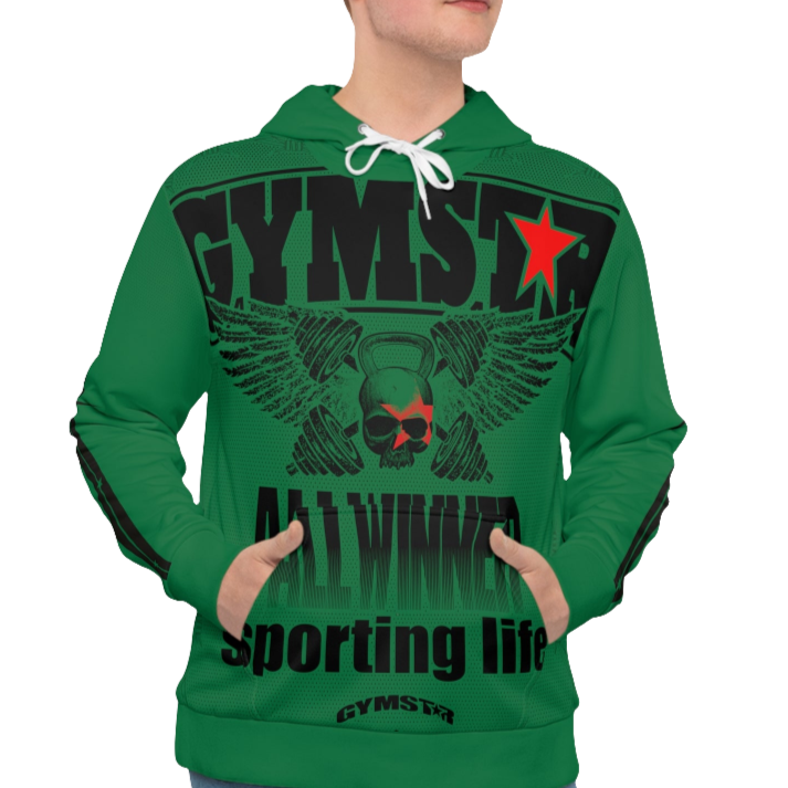 A man wearing a green hoodie with 'GYMSRTA' and related graphics printed on the front, including a star and the text 'ALL WINNERS'. He has a casual and confident expression.