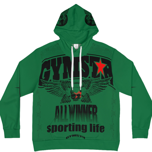 A  green hoodie with 'GYMSRTA' and related graphics printed on the front, including a star and the text 'ALL WINNERS'. He has a casual and confident expression.