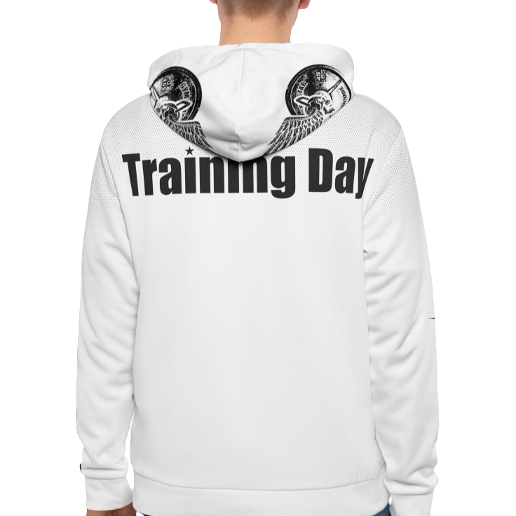 A man wearings White Gymsatr, fitness hoodie with a graphic text Training Day and a logo. Rear view.