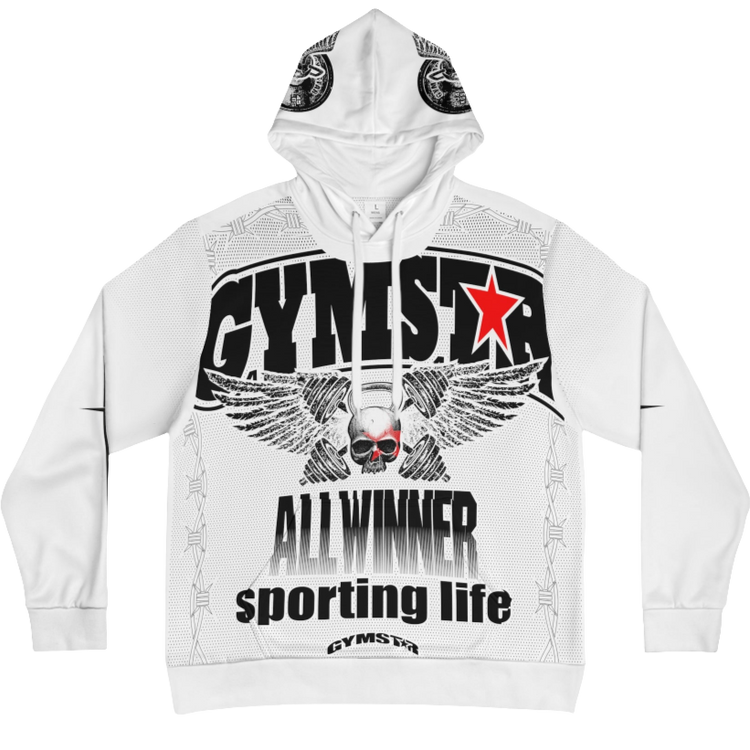 A white hoodie with 'GYMSRTA' and related graphics printed on the front, including a star and the text 'ALL WINNERS'. He has a casual and confident expression front view