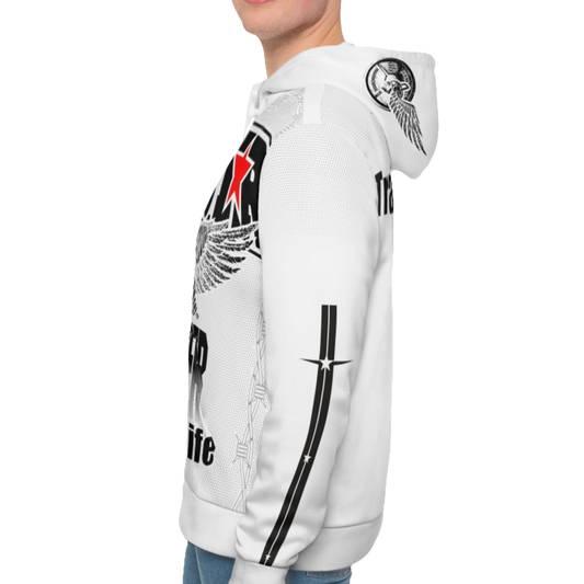 A man wearing a white hoodie with 'GYMSRTA' and related graphics printed on the front, including a star and the text 'ALL WINNERS'. He has a casual and confident expression left cide view.