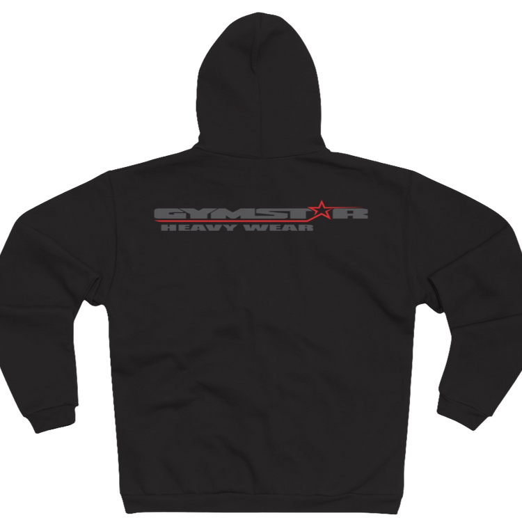 Dark shoko sports, Gymsatr, fitness hoodie with a graphic text Just pump It and a logo on the front, and the hoodie has a full zip closure. Rear view.