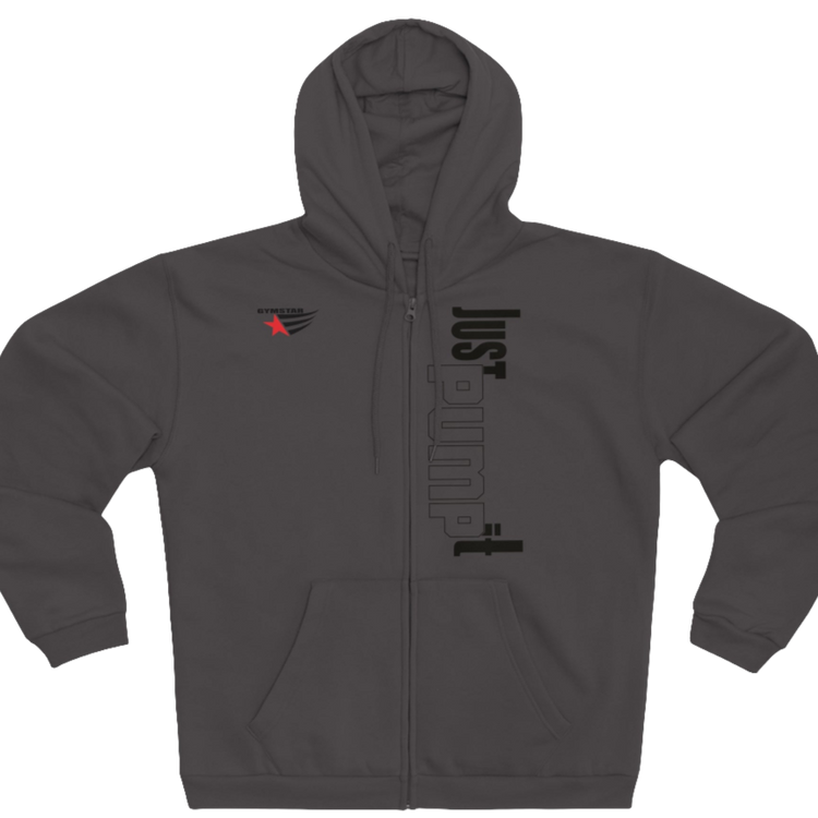 Sports grey sports, Gymsatr, fitness hoodie with a graphic text Just pump It and a logo on the front, and the hoodie has a full zip closure. Front view.