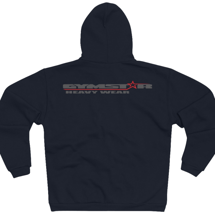 Navy Blue sports, Gymsatr, fitness hoodie with a graphic text Just pump It and a logo on the front, and the hoodie has a full zip closure. Rear view.