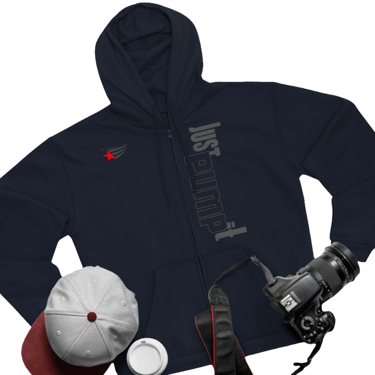 Navy Blue sports, Gymsatr, fitness hoodie with a graphic text Just pump It and a logo on the front, and the hoodie has a full zip closure. Front group view.