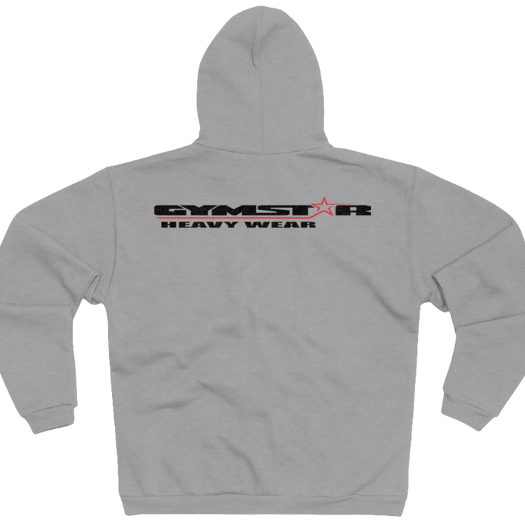 Silver grey sports, Gymsatr, fitness hoodie with a graphic text Just pump It and a logo on the front, and the hoodie has a full zip closure. Rear view.