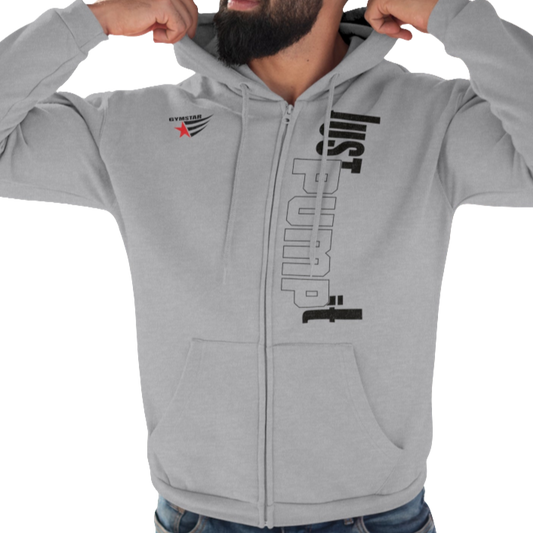 A man wearing silver grey sports, Gymsatr, fitness hoodie with a graphic text Just pump It and a logo on the front, and the hoodie has a full zip closure. Front view.