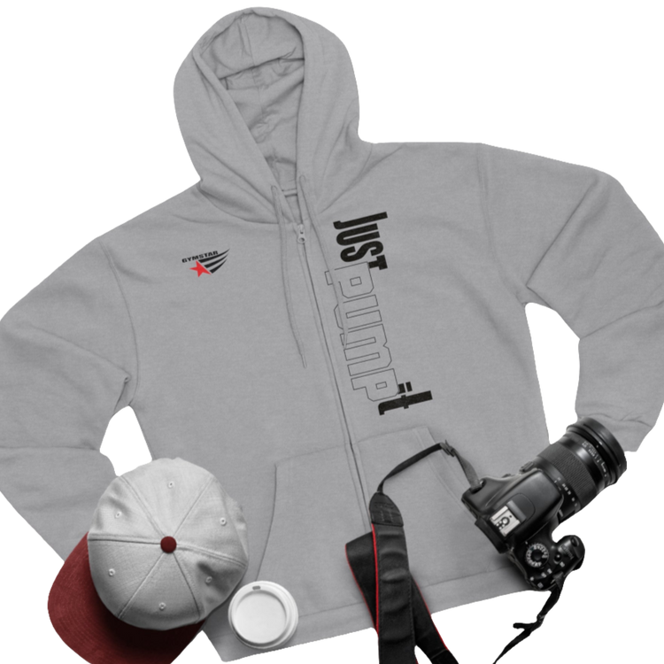 Silver grey sports, Gymsatr, fitness hoodie with a graphic text Just pump It and a logo on the front, and the hoodie has a full zip closure. Front group view.