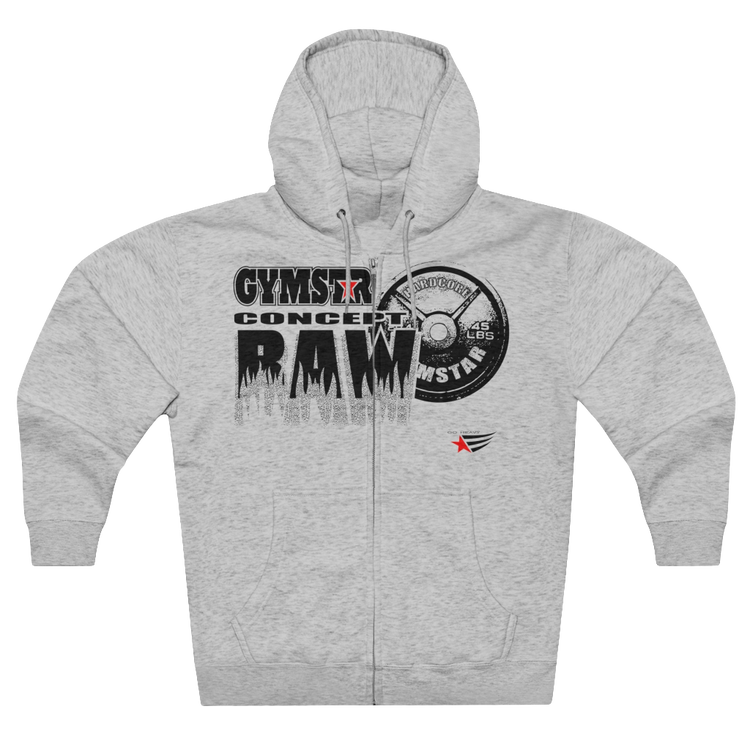 Silver grey sports, Gymsatr, fitness hoodie with a graphic text Raw Concept and a logo on the front, and the hoodie has a full zip closure. Front view.