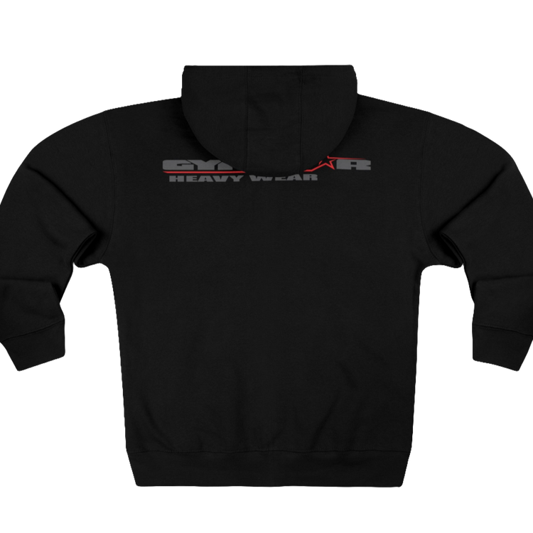 A black sports, Gymsatr, fitness hoodie with a graphic text Raw Concept and a logo on the front, and the hoodie has a full zip closure. Rear view.
