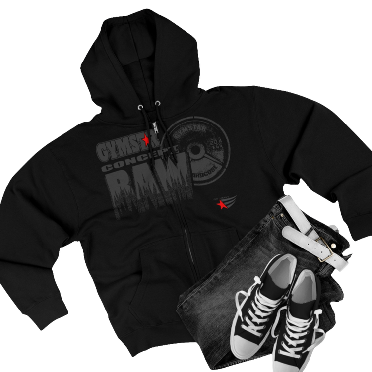 A black sports, Gymsatr, fitness hoodie with a graphic text Raw Concept and a logo on the front, and the hoodie has a full zip closure. Front group view.