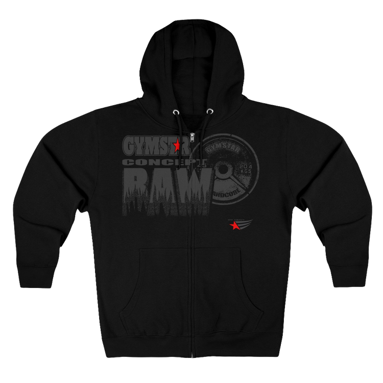 Black sports, Gymsatr, fitness hoodie with a graphic text Raw Concept and a logo on the front, and the hoodie has a full zip closure. Front view.