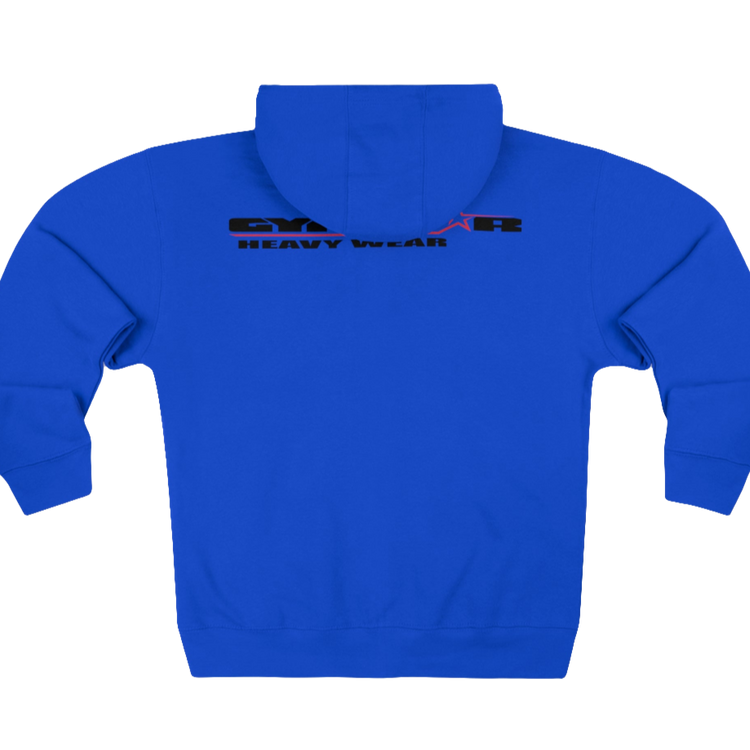 A blue Gymsatr, fitness hoodie with a graphic text Raw Concept and a logo on the front, and the hoodie has a full zip closure. Rear view.