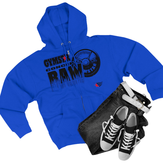 A blaue sports, Gymsatr, fitness hoodie with a graphic text Raw Concept and a logo on the front, and the hoodie has a full zip closure. Front group view.