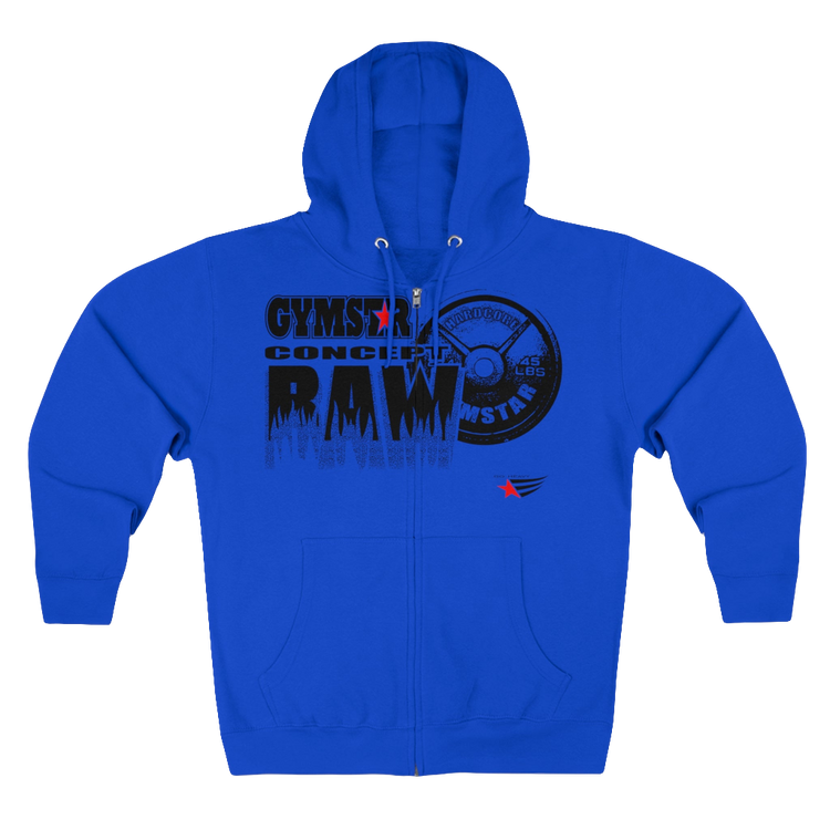 A blue sports, Gymsatr, fitness hoodie with a graphic text Raw Concept and a logo on the front, and the hoodie has a full zip closure. Front view.