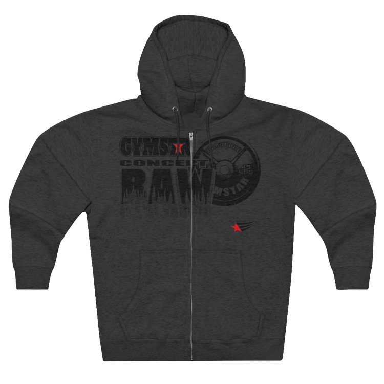 A grey sports, Gymsatr, fitness hoodie with a graphic text Raw Concept and a logo on the front, and the hoodie has a full zip closure. Front view.