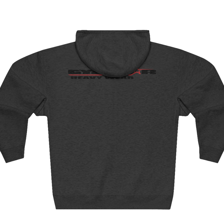 A grey Gymsatr, fitness hoodie with a graphic text Raw Concept and a logo on the front, and the hoodie has a full zip closure. Rear view.