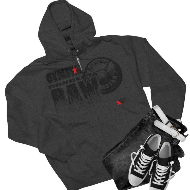 A grey sports, Gymsatr, fitness hoodie with a graphic text Raw Concept and a logo on the front, and the hoodie has a full zip closure. Front group view.
