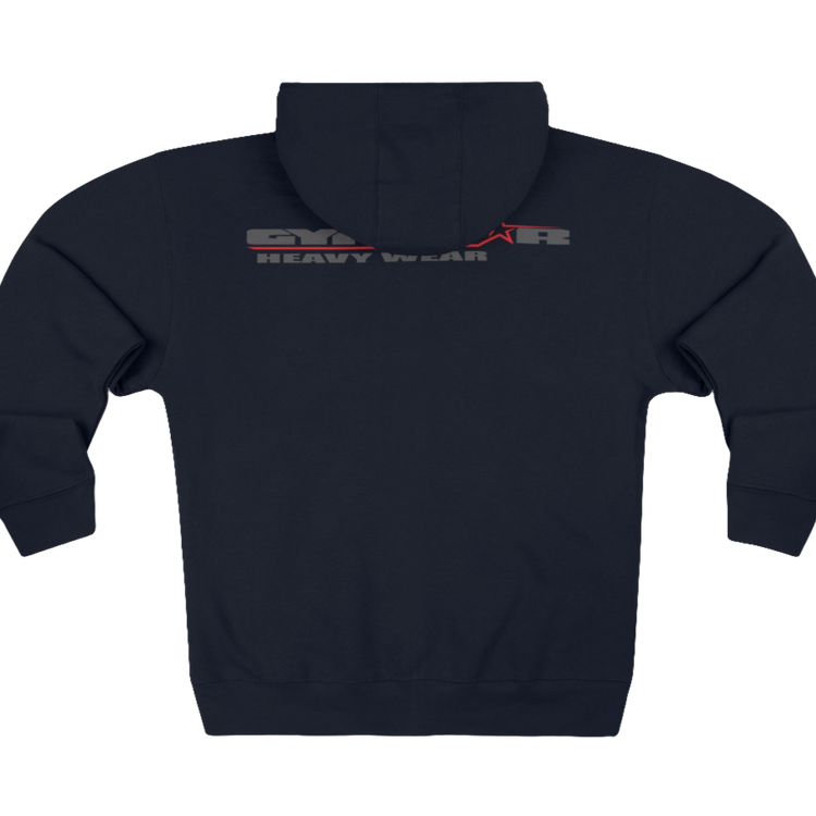 A navy blue Gymsatr, fitness hoodie with a graphic text Raw Concept and a logo on the front, and the hoodie has a full zip closure. Rear view.