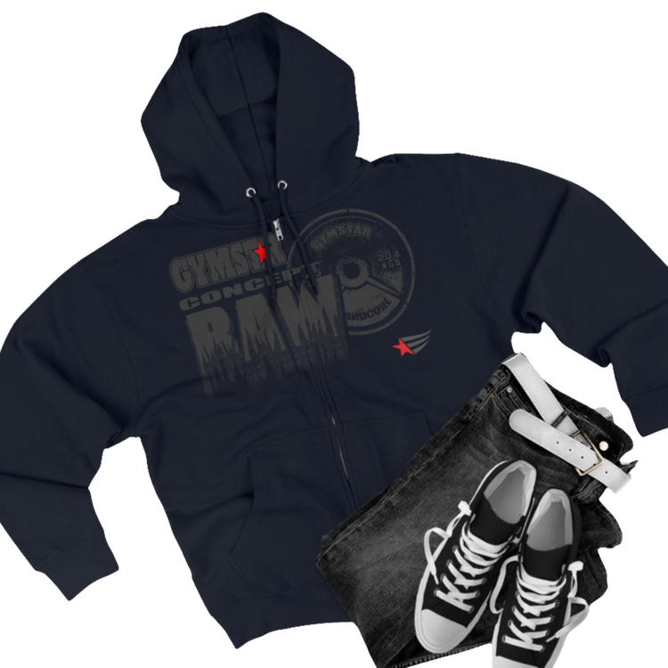 A navy blue sports, Gymsatr, fitness hoodie with a graphic text Raw Concept and a logo on the front, and the hoodie has a full zip closure. Front group view.