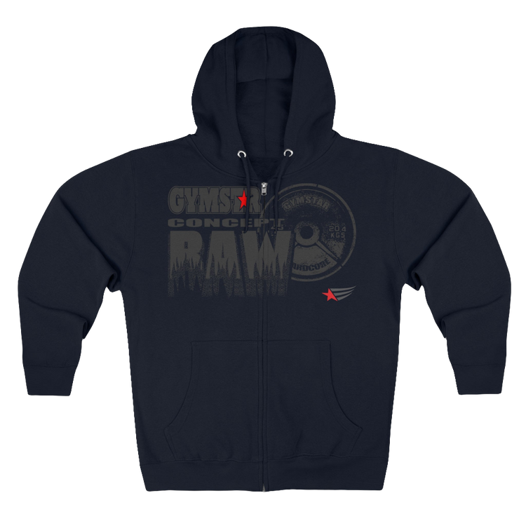 A navy blue sports, Gymsatr, fitness hoodie with a graphic text Raw Concept and a logo on the front, and the hoodie has a full zip closure. Front view.