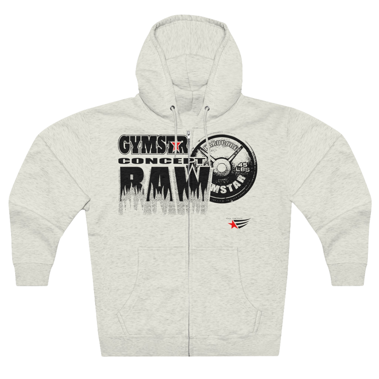 A white sports, Gymsatr, fitness hoodie with a graphic text Raw Concept and a logo on the front, and the hoodie has a full zip closure. Front view.