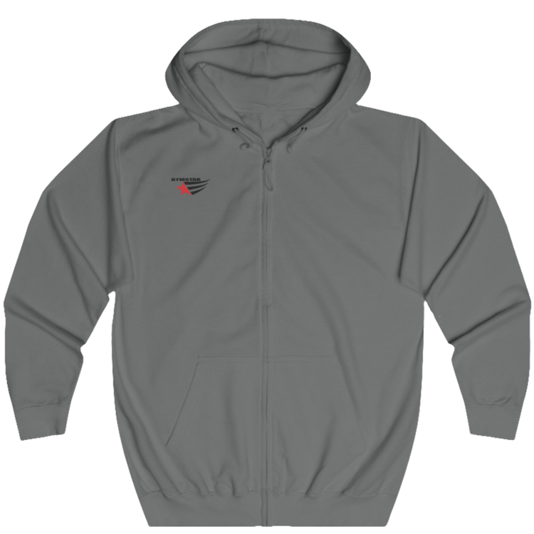 A sport grey unisex full zip hoodie Gymsatr with logo on the front related to fitness and determination.