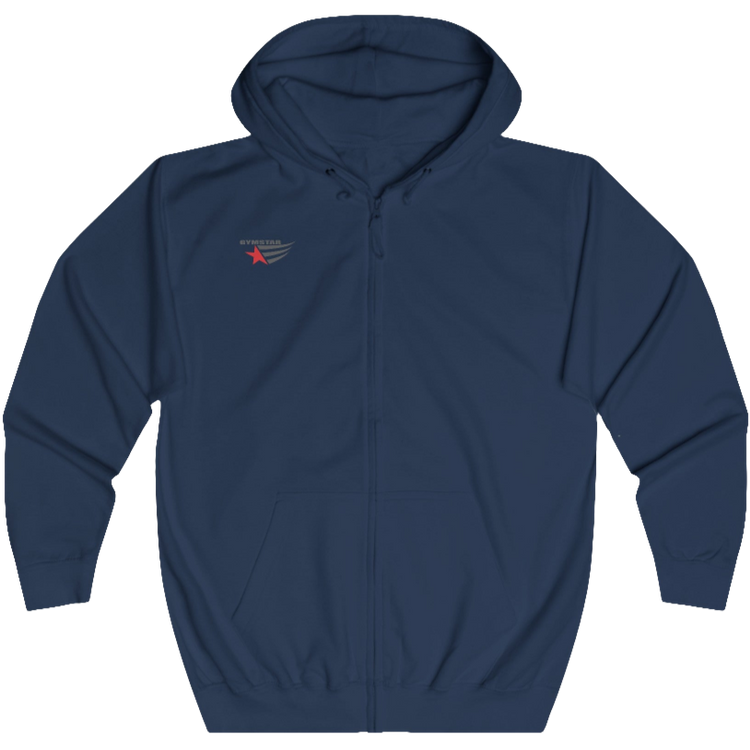 Navy blue, sporty, fitness Gymstar sweatshirt with a hood, branded with the brand logo. The sweatshirt has a  pockets and is decorated with a motivating design You Can work for it! Front view.