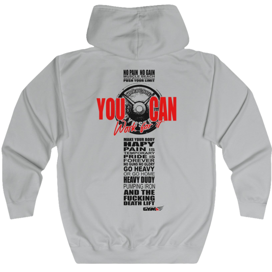 Silver grey, sporty, fitness Gymstar sweatshirt with a hood, branded with the brand logo. The sweatshirt has a  pockets and is decorated with a motivating design You Can work for it! Rear vew.