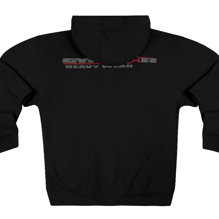 Grey, sporty, fitness Gymstar sweatshirt with a hood, branded with the brand logo. The sweatshirt has a zipper and pockets and is decorated with a motivating design You Can Work for it! Rear vew.