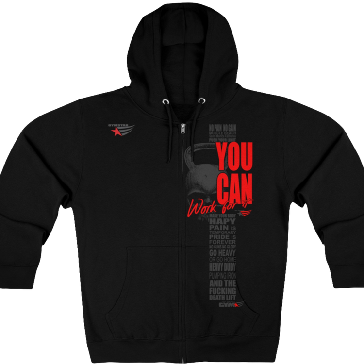 A black, sporty, fitness Gymstar sweatshirt with a hood, branded with the brand logo. The sweatshirt has a zipper and pockets and is decorated with a motivating design You Can, work for it! Front vew.