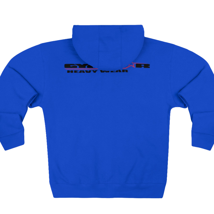 Gymstar blue sweatshirt with a hood, branded with the Gymstar logo. The sweatshirt has a zipper and pockets and is decorated with a motivating design You Can, Work for it! Rear vew.