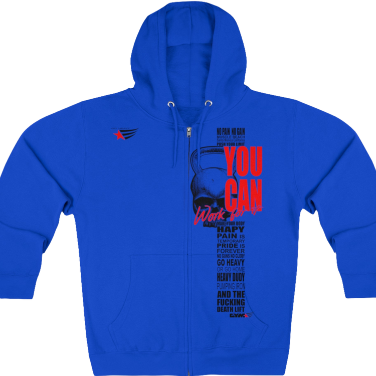 A blue sporty, fitness Gymstar sweatshirt with a hood, branded with the brand logo. The sweatshirt has a zipper and pockets and is decorated with a motivating design You Can, Work for it! Front vew.