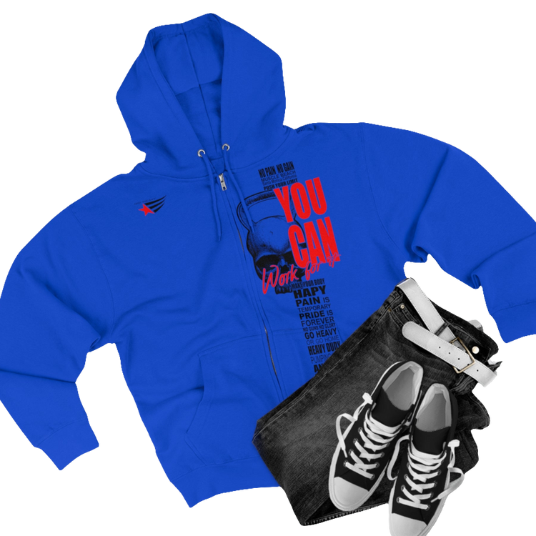 Gymstar blue sweatshirt with a hood, branded with the Gymstar logo. The sweatshirt has a zipper and pockets and is decorated with a motivating design You Can, Work for it! Front vew.