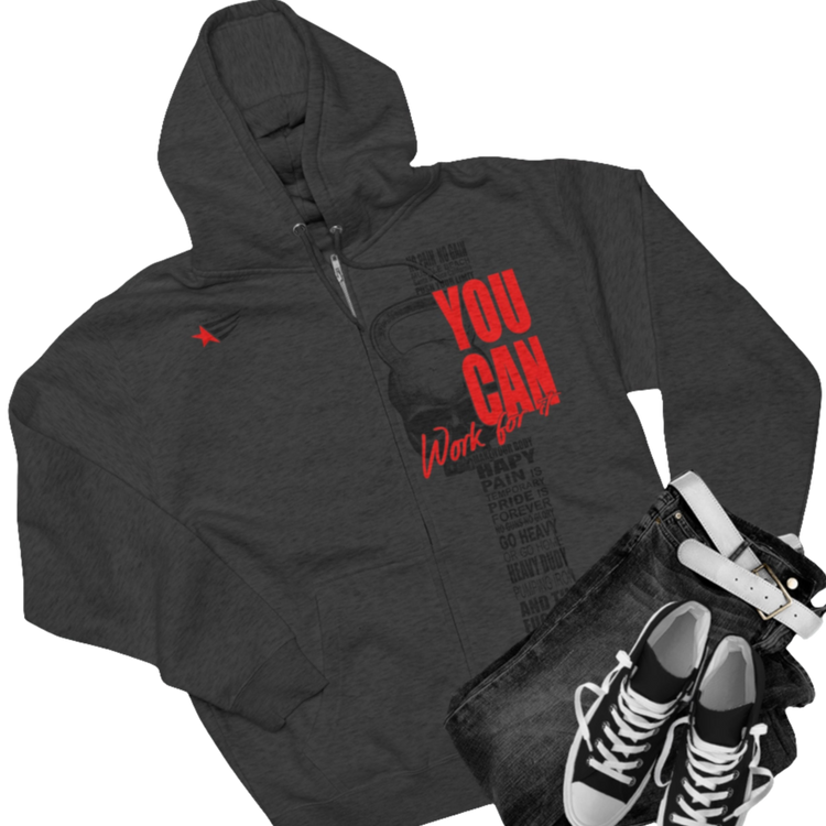 Gymstar grey sweatshirt with a hood, branded with the Gymstar logo. The sweatshirt has a zipper and pockets and is decorated with a motivating design You Can, Work for it! Front vew.