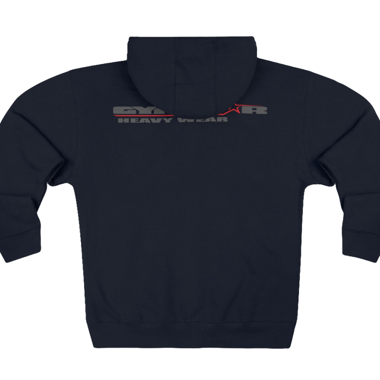Gymstar navy blue sweatshirt with a hood, branded with the Gymstar logo. The sweatshirt has a zipper and pockets and is decorated with a motivating design You Can, Work for it! Rear vew.
