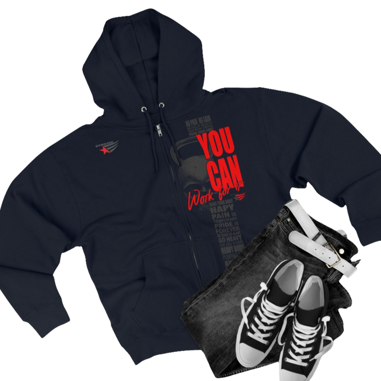 Gymstar navy blue sweatshirt with a hood, branded with the Gymstar logo. The sweatshirt has a zipper and pockets and is decorated with a motivating design You Can, Work for it! Front vew.