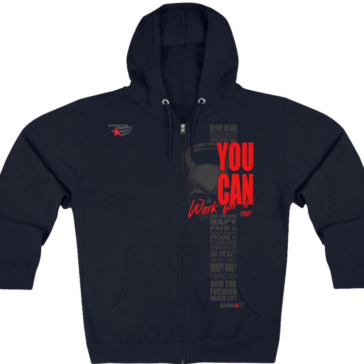 A navy blue, sporty, fitness Gymstar sweatshirt with a hood, branded with the brand logo. The sweatshirt has a zipper and pockets and is decorated with a motivating design You Can work for it! Front vew.